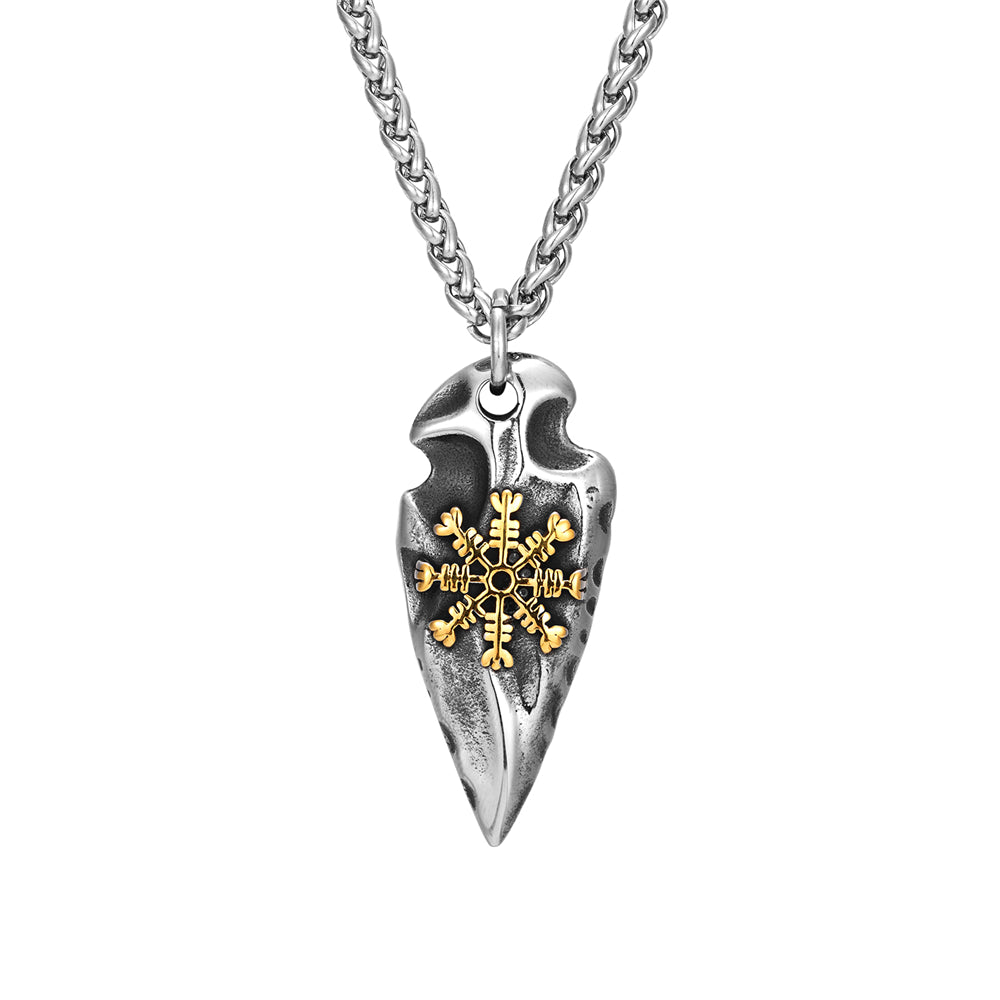 Collier Viking Gungnir orné d'Aegishjalmur en Acier Inoxydable - Amulette de Protection couleur Argent et or