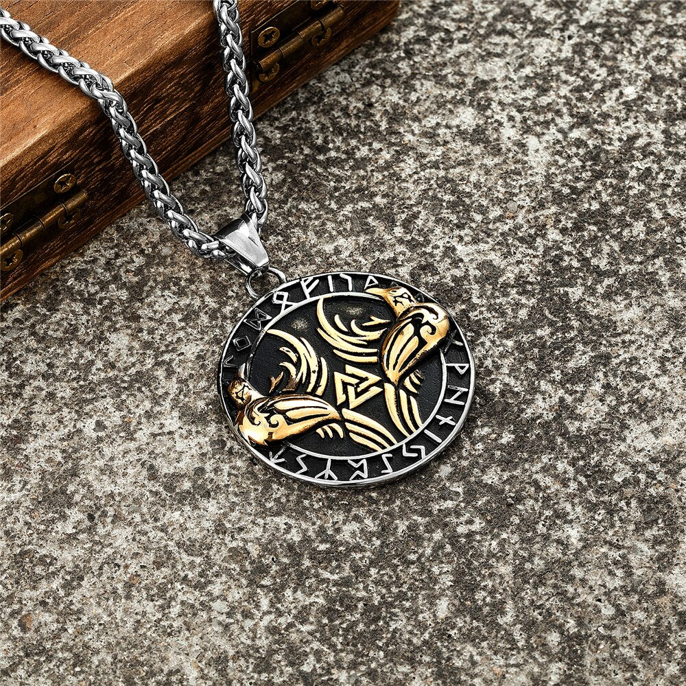 Collier Runes Viking avec Corbeaux Hugin et Munin en Acier Inoxydable - Couleur Or et Argent