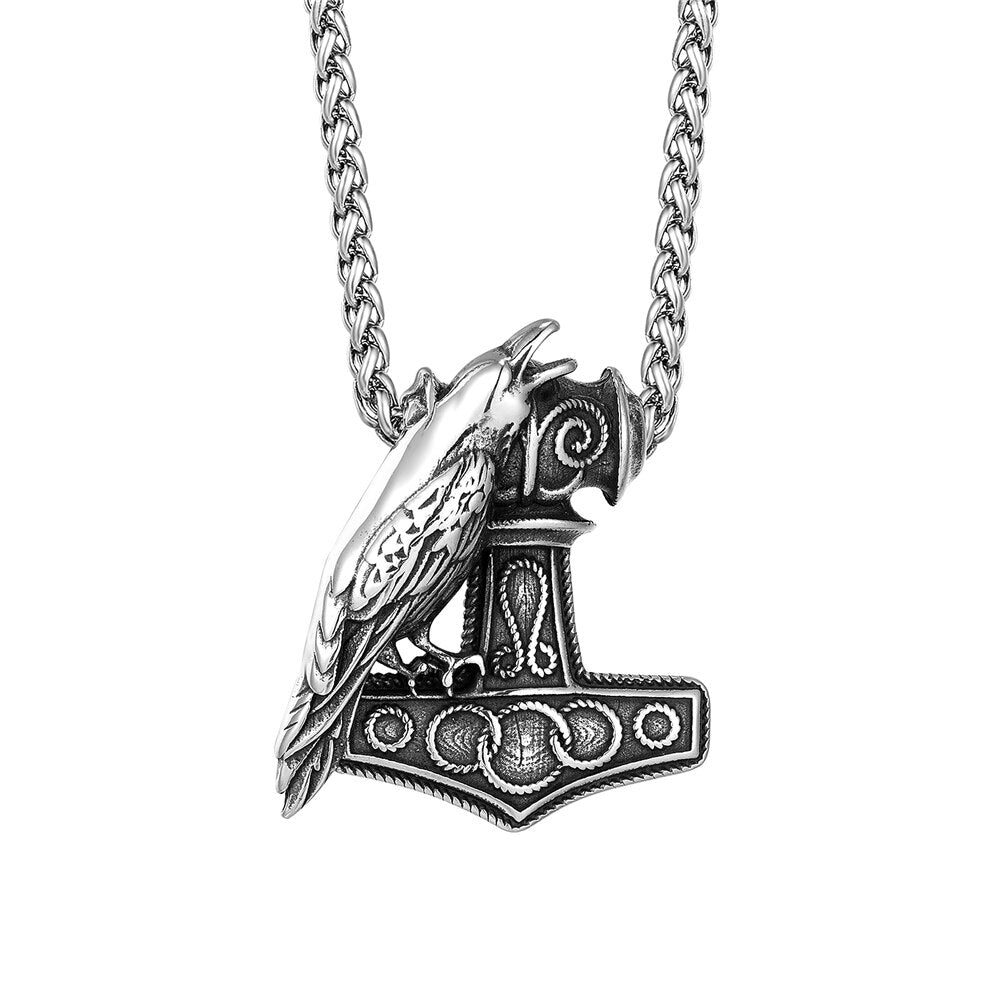 Collier Viking Mjolnir marteau de Thor avec Corbeau en Acier Inoxydable Cadeau Original