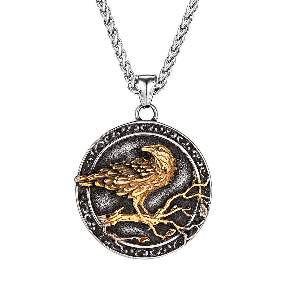 Collier Viking avec Corbeau Hugin Munin en Acier Inoxydable - Couleur Or et Argent