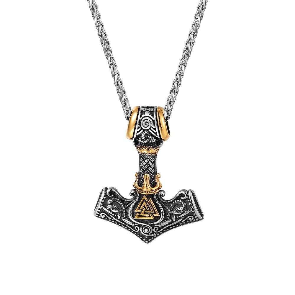 Collier pendentif Viking Mjolnir Marteau de Thor - Couleur Or et Argent- en Acier Inoxydable