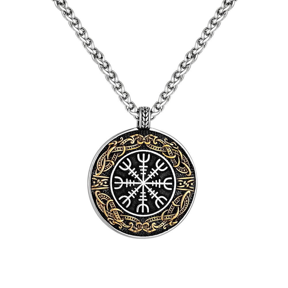 Collier Viking Aegishjalmur en Acier Inoxydable - Amulette de protection - Couleur Argent et Or