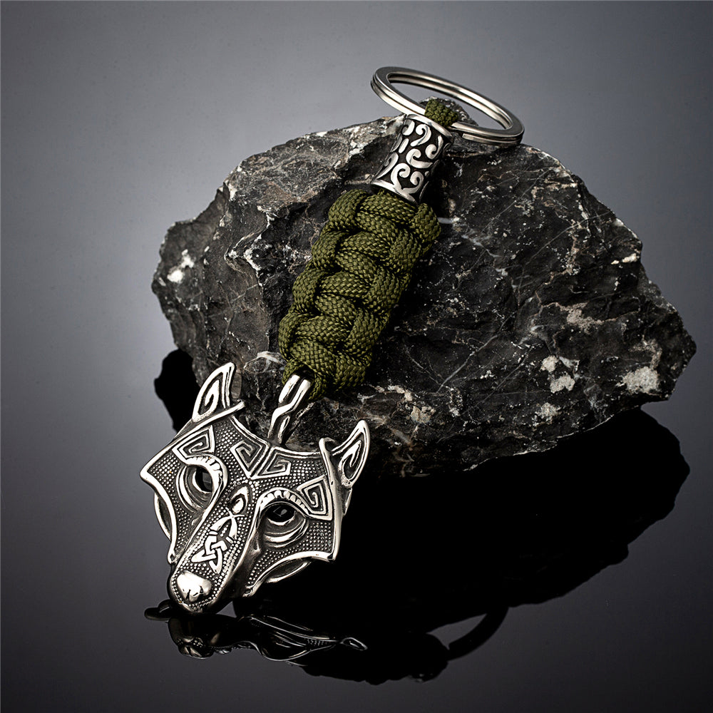 Porte-clés pendentif Viking Tête de Loup Fenrir Keychain en Paracorde Vert et Acier Inoxydable Accessoire Sac, fait à la main Idéal cadeau