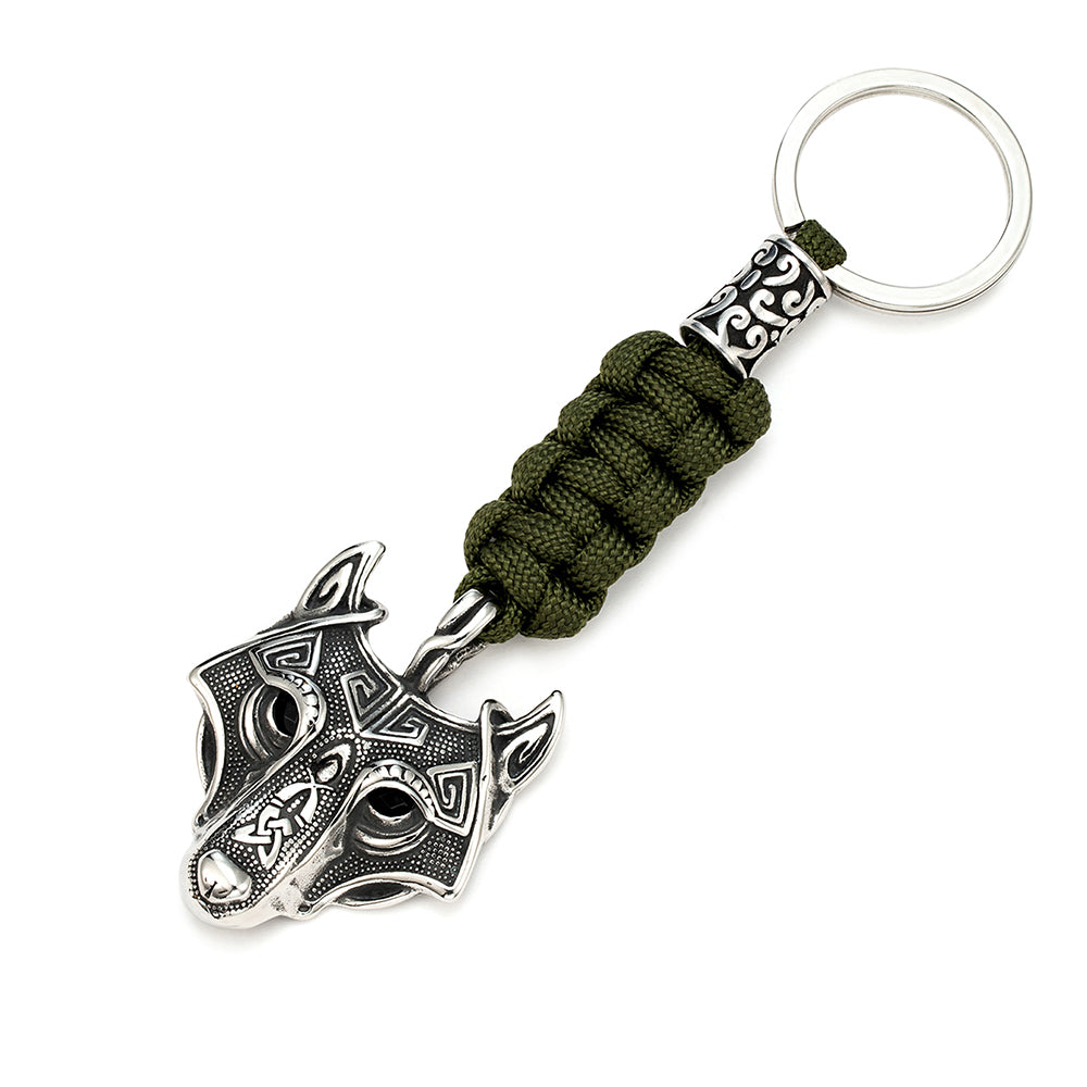 Porte-clés pendentif Viking Tête de Loup Fenrir Keychain en Paracorde Vert et Acier Inoxydable Accessoire Sac, fait à la main Idéal cadeau