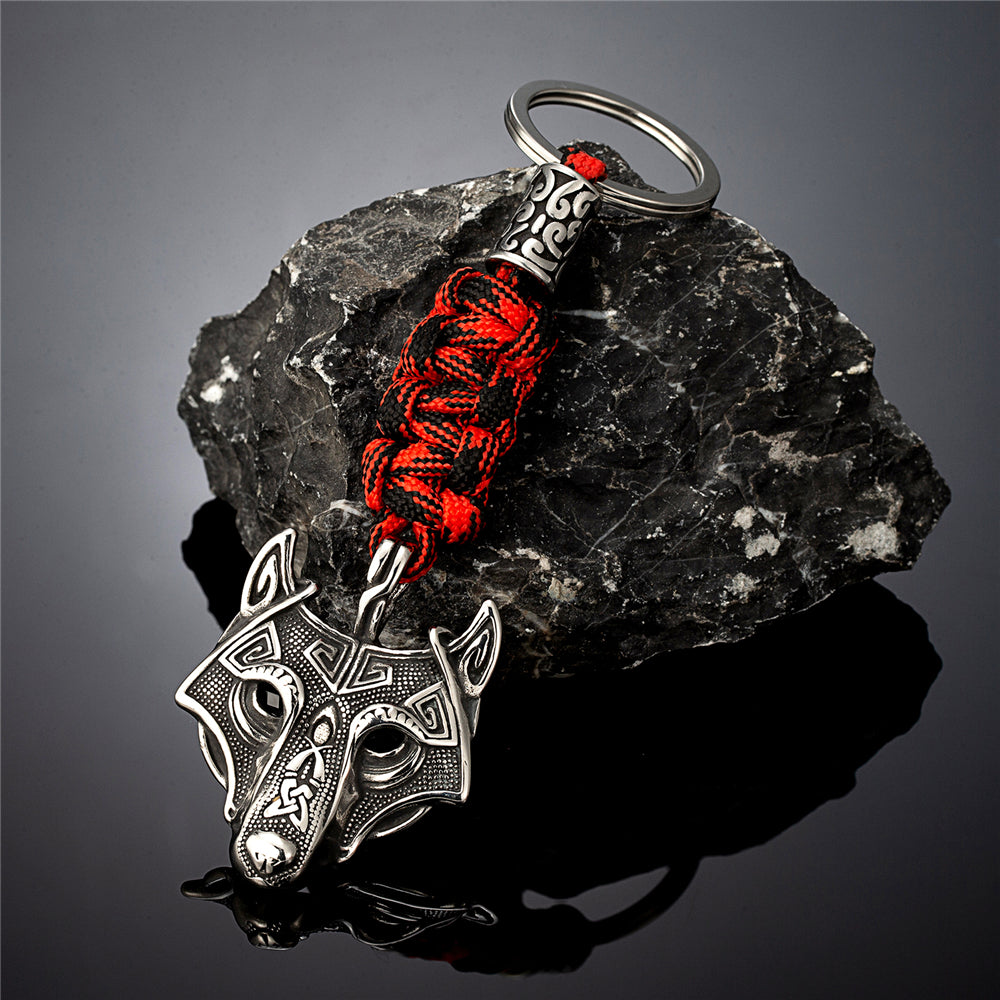 Porte-clés pendentif Viking Tête de Loup Fenrir Keychain en Paracorde Noir et Rouge et Acier Inoxydable - Accessoire Sac, fait à la main