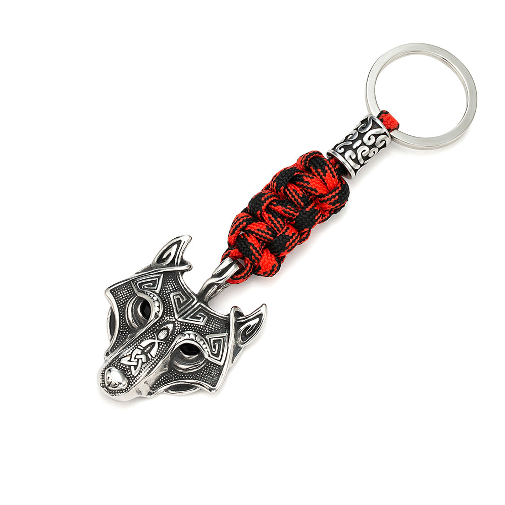 Porte-clés pendentif Viking Tête de Loup Fenrir Keychain en Paracorde Noir et Rouge et Acier Inoxydable - Accessoire Sac, fait à la main