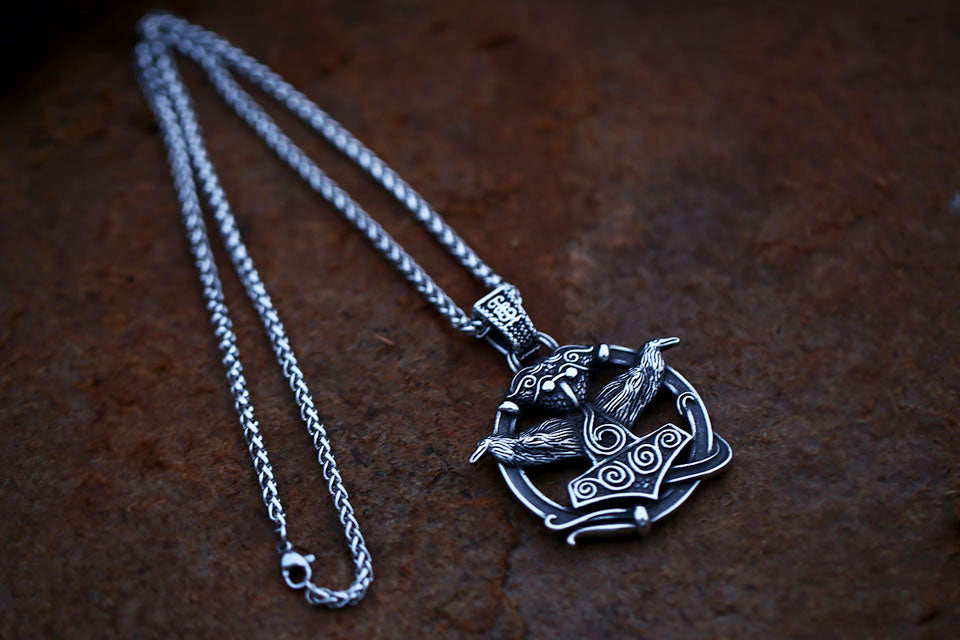 Collier Viking Corbeau avec Marteau de Thor Mjolnir, Mythologie Scandinave en Acier Inoxydable