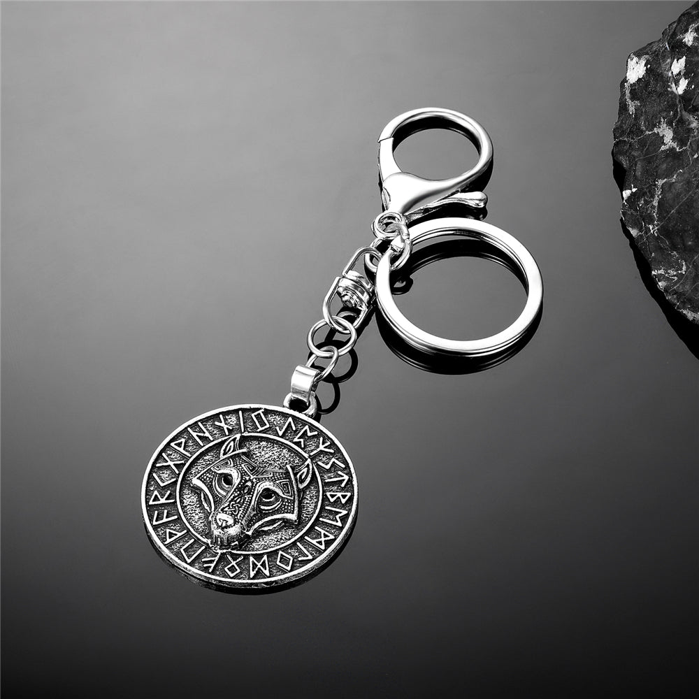 Porte-clés pendentif Viking Tête de Loup Fenrir Keychain Runes Viking Idéal Cadeau Original Amulette Viking - Accessoire Sac