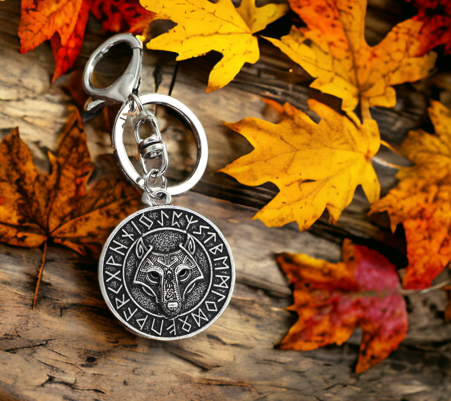 Porte-clés pendentif Viking Tête de Loup Fenrir Keychain Runes Viking Idéal Cadeau Original Amulette Viking - Accessoire Sac