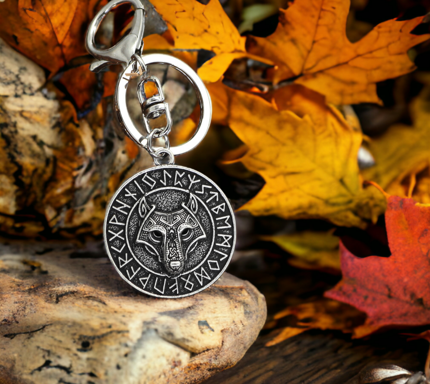 Porte-clés pendentif Viking Tête de Loup Fenrir Keychain Runes Viking Idéal Cadeau Original Amulette Viking - Accessoire Sac