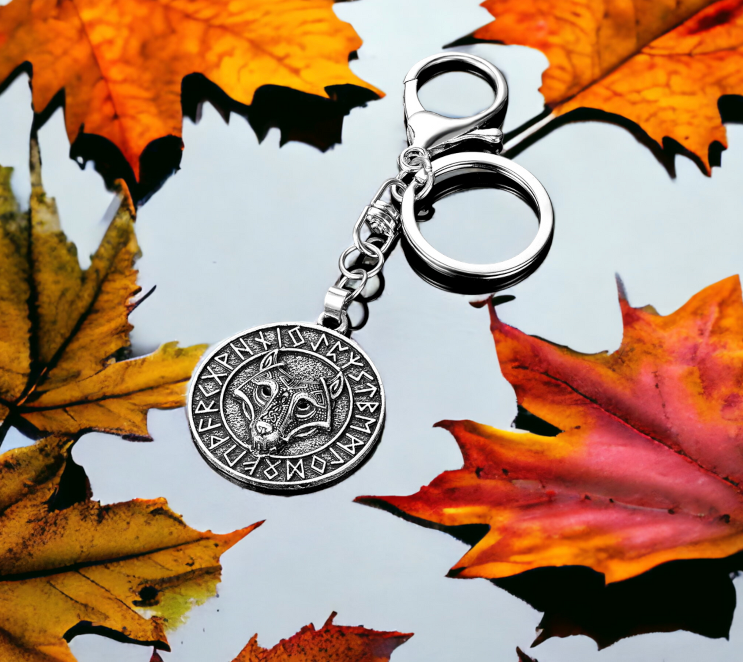 Porte-clés pendentif Viking Tête de Loup Fenrir Keychain Runes Viking Idéal Cadeau Original Amulette Viking - Accessoire Sac