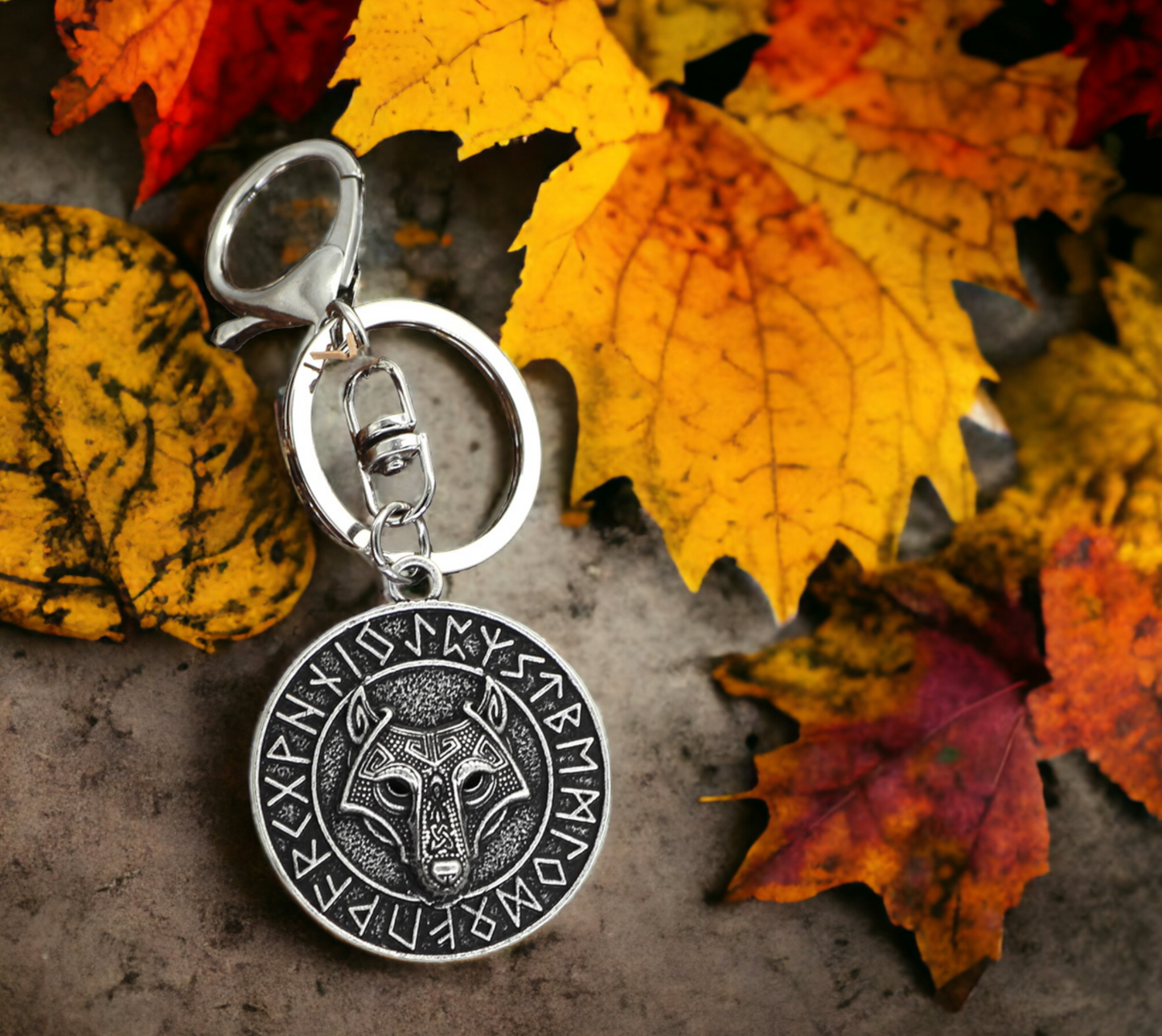 Porte-clés pendentif Viking Tête de Loup Fenrir Keychain Runes Viking Idéal Cadeau Original Amulette Viking - Accessoire Sac
