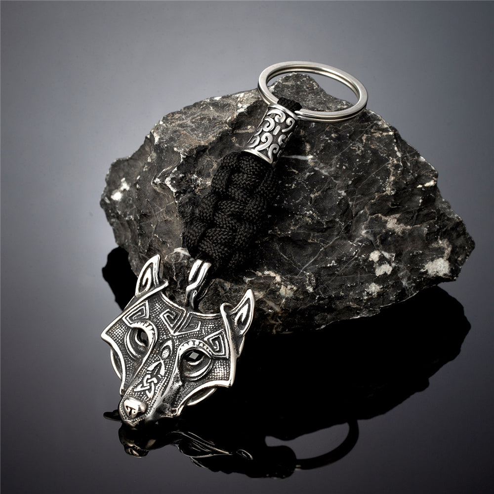 Porte-clés pendentif Viking Tête de Loup Fenrir Keychain en Paracorde Noir et Acier Inoxydable Accessoire Sac, fait à la main Idéal cadeau