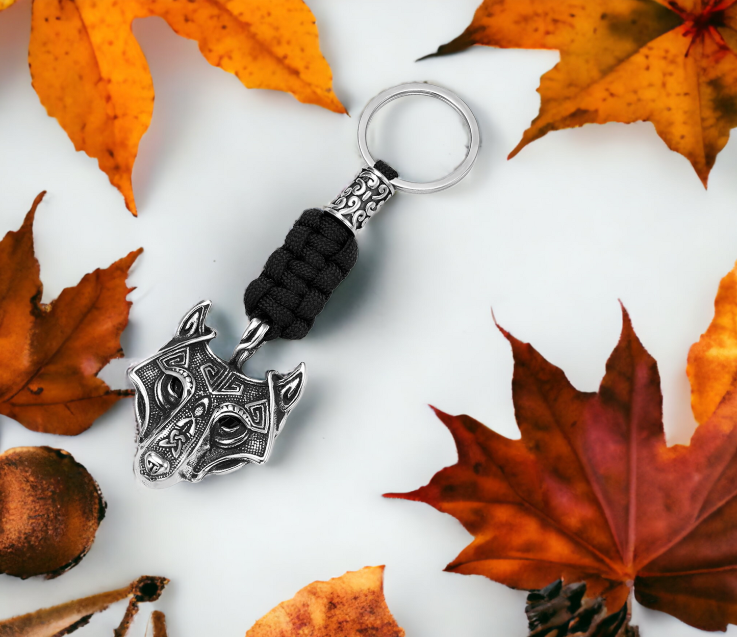 Porte-clés pendentif Viking Tête de Loup Fenrir Keychain en Paracorde Noir et Acier Inoxydable Accessoire Sac, fait à la main Idéal cadeau