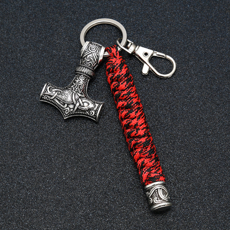 Porte-clés pendentif Viking Marteau de Thor Mjolnir Keychain en Paracorde Rouge Noir et Acier Inoxydable, fait à la main Idéal cadeau