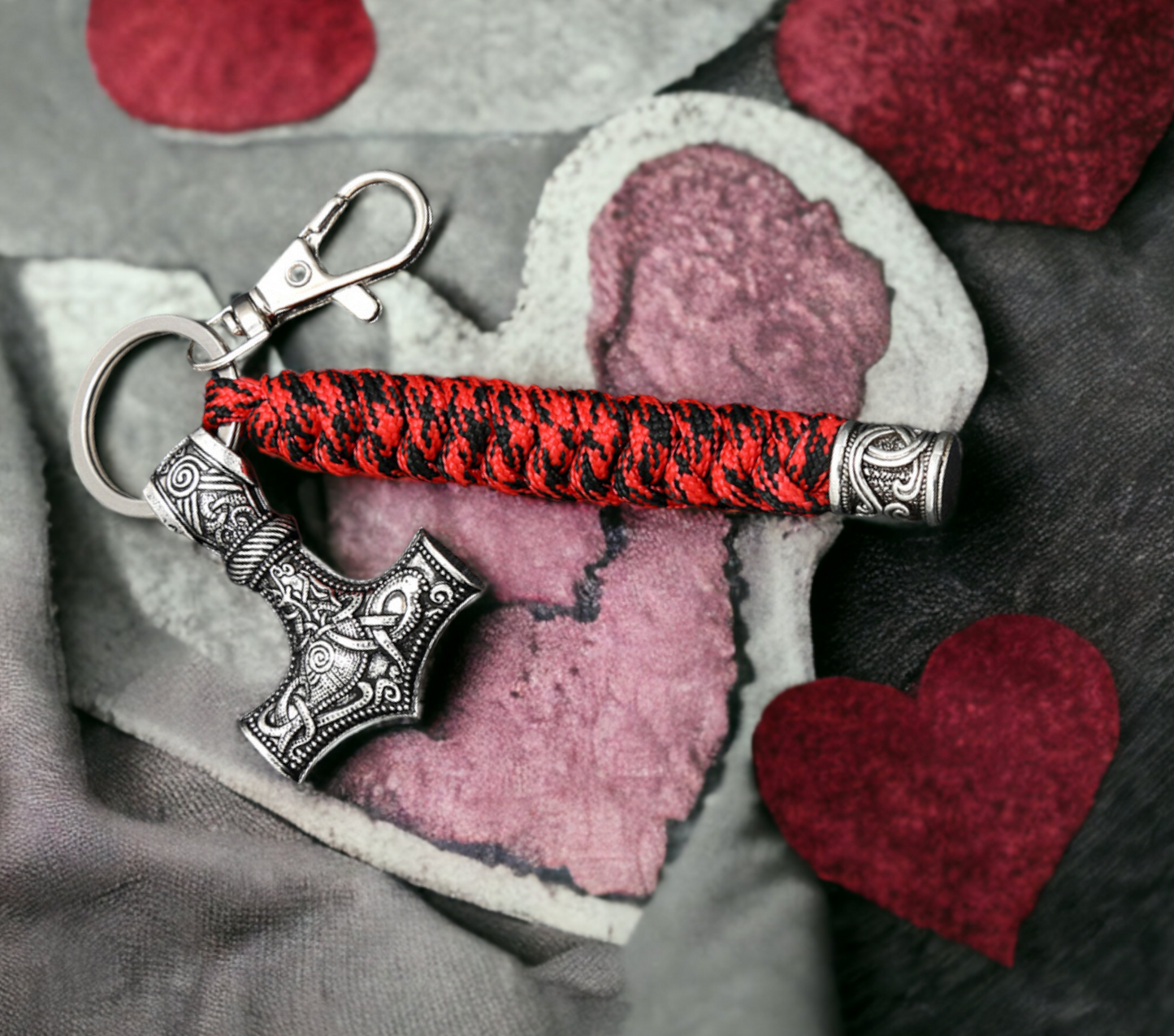 Porte-clés pendentif Viking Marteau de Thor Mjolnir Keychain en Paracorde Rouge Noir et Acier Inoxydable, fait à la main Idéal cadeau