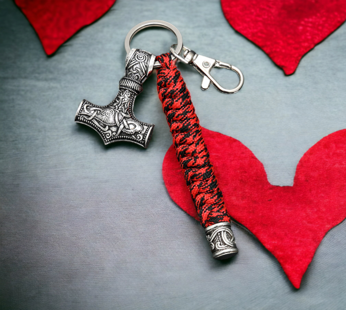 Porte-clés pendentif Viking Marteau de Thor Mjolnir Keychain en Paracorde Rouge Noir et Acier Inoxydable, fait à la main Idéal cadeau