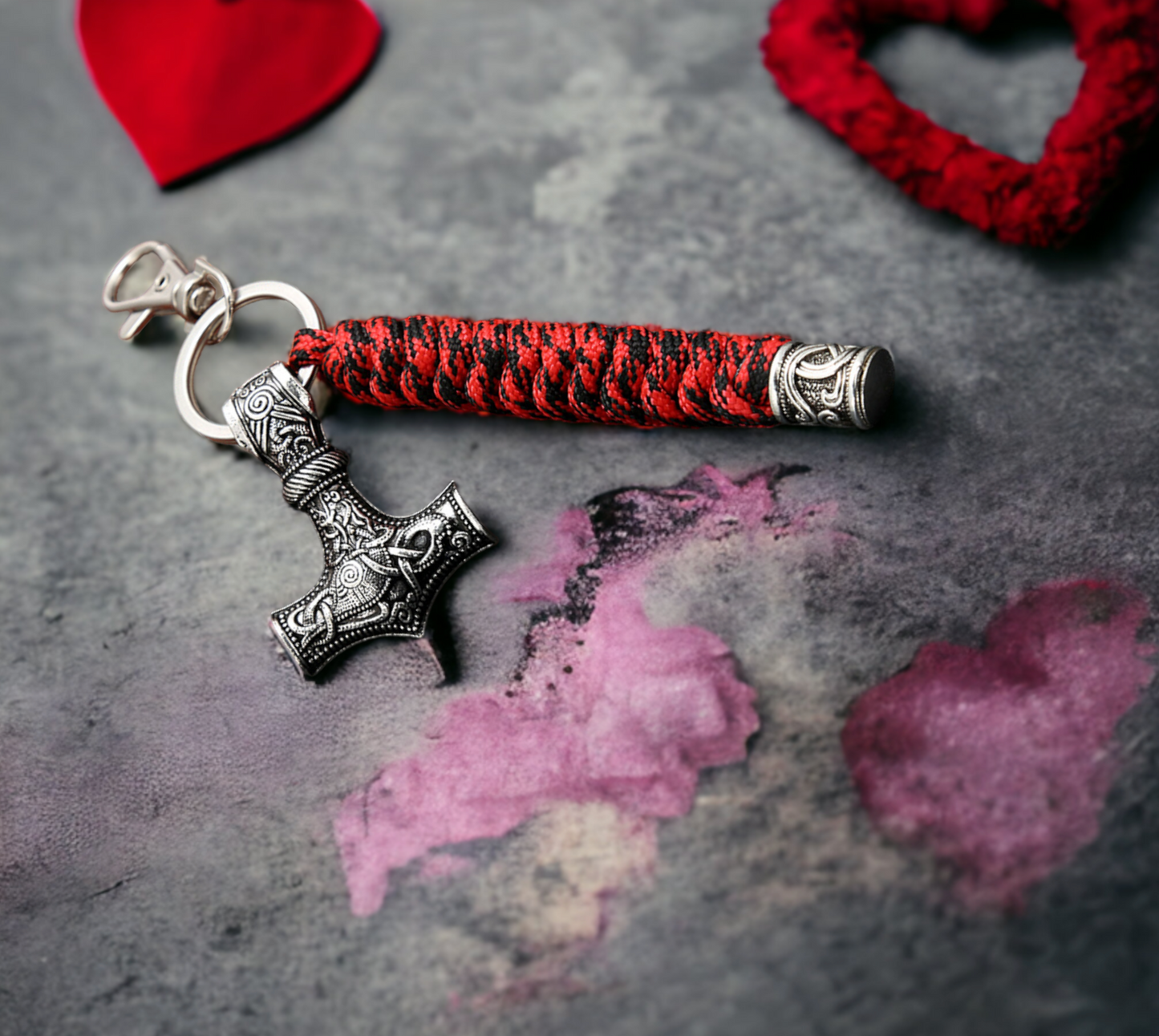 Porte-clés pendentif Viking Marteau de Thor Mjolnir Keychain en Paracorde Rouge Noir et Acier Inoxydable, fait à la main Idéal cadeau