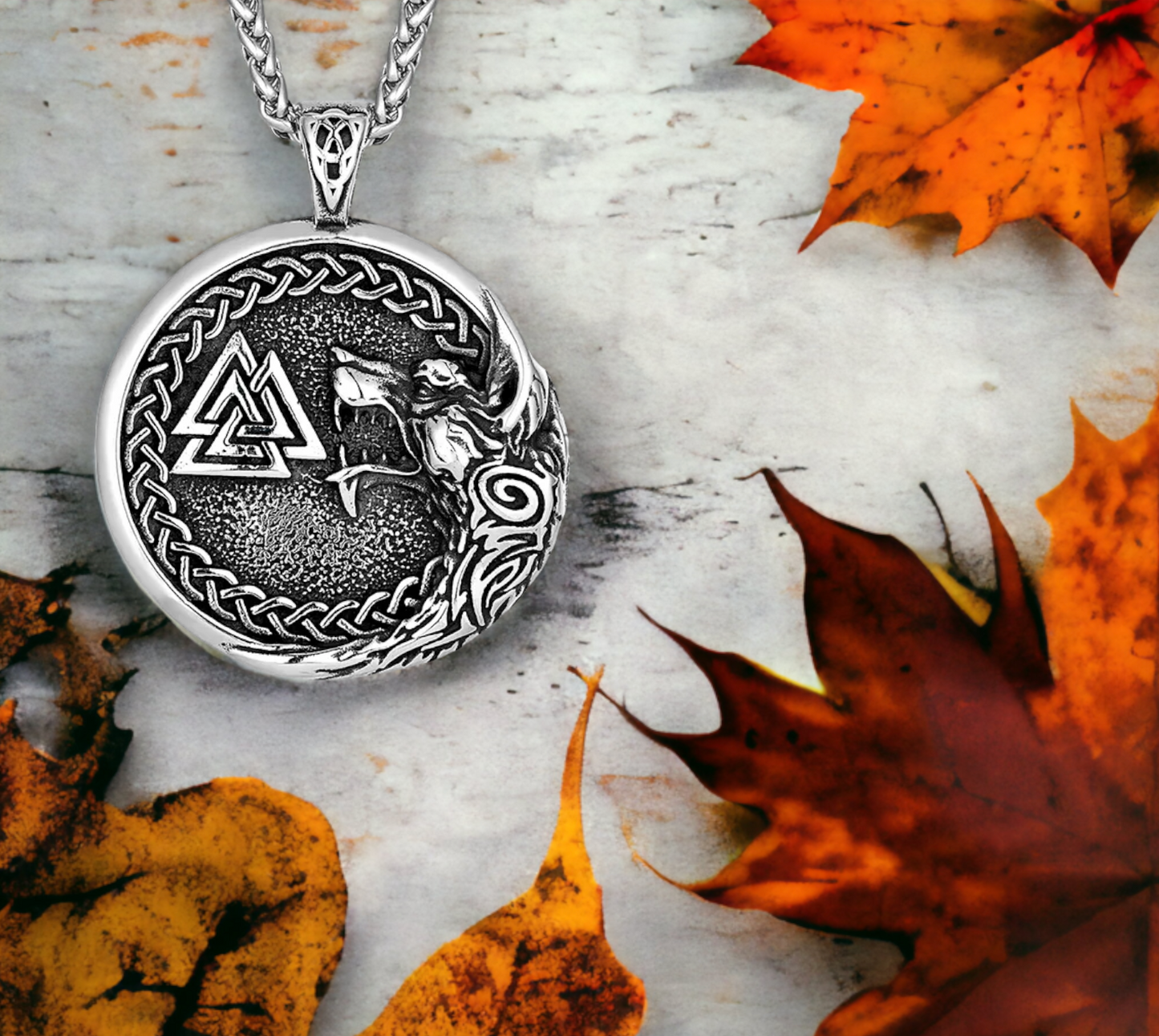 Collier pendentif Viking Fenrir tête de Loup avec le Symbole Valknut en Acier Inoxydable - Couleur Argent Idéal Cadeau Original