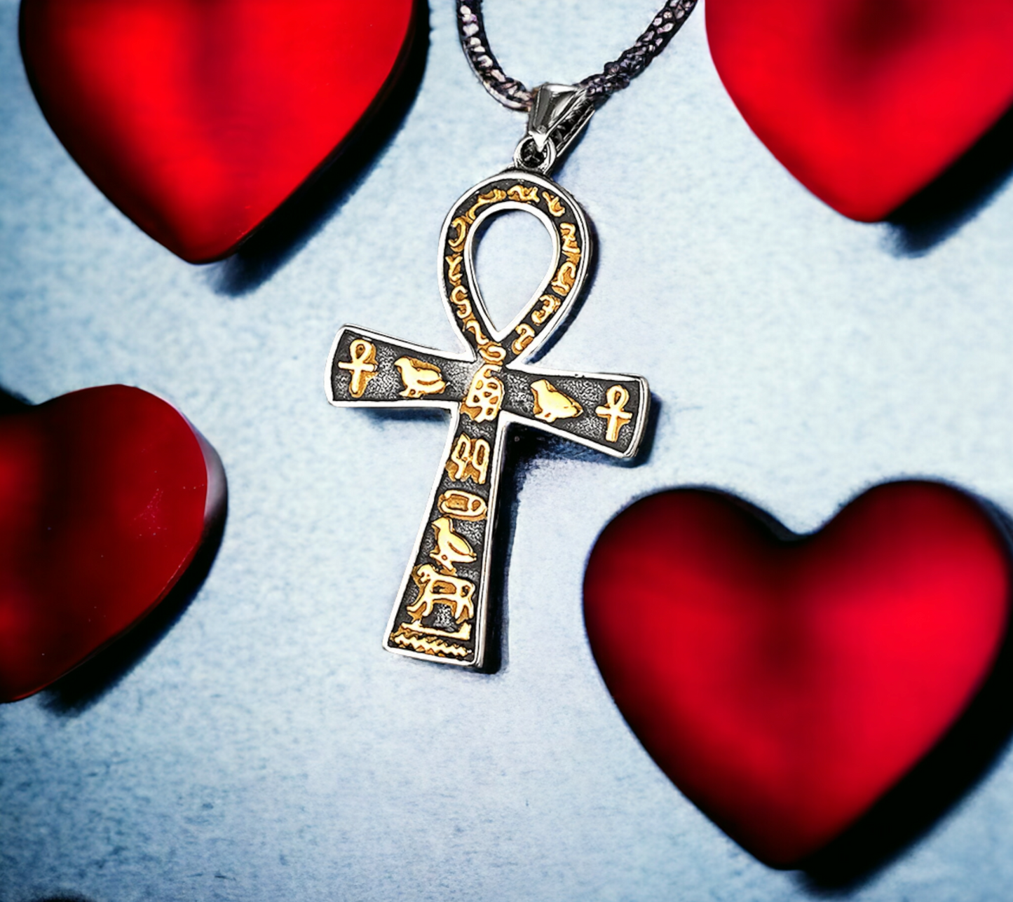 Collier Pendentif Croix Egyptienne Ankh Clé de Vie Amulette de Protection en Acier Inoxydable fait à la main Cadeau Original Idéal Cadeau