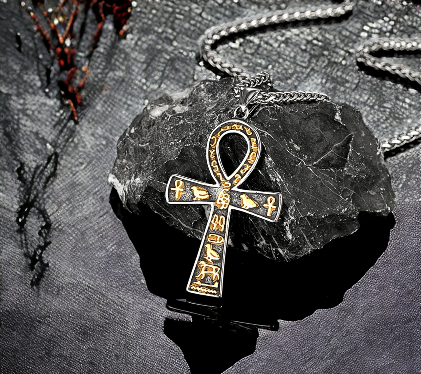 Collier Pendentif Croix Egyptienne Ankh Clé de Vie Amulette de Protection en Acier Inoxydable fait à la main Cadeau Original Idéal Cadeau