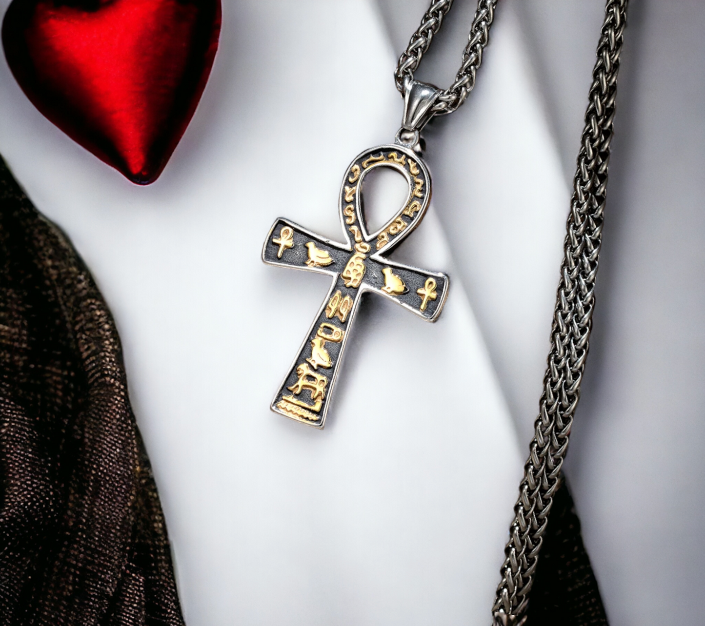 Collier Pendentif Croix Egyptienne Ankh Clé de Vie Amulette de Protection en Acier Inoxydable fait à la main Cadeau Original Idéal Cadeau