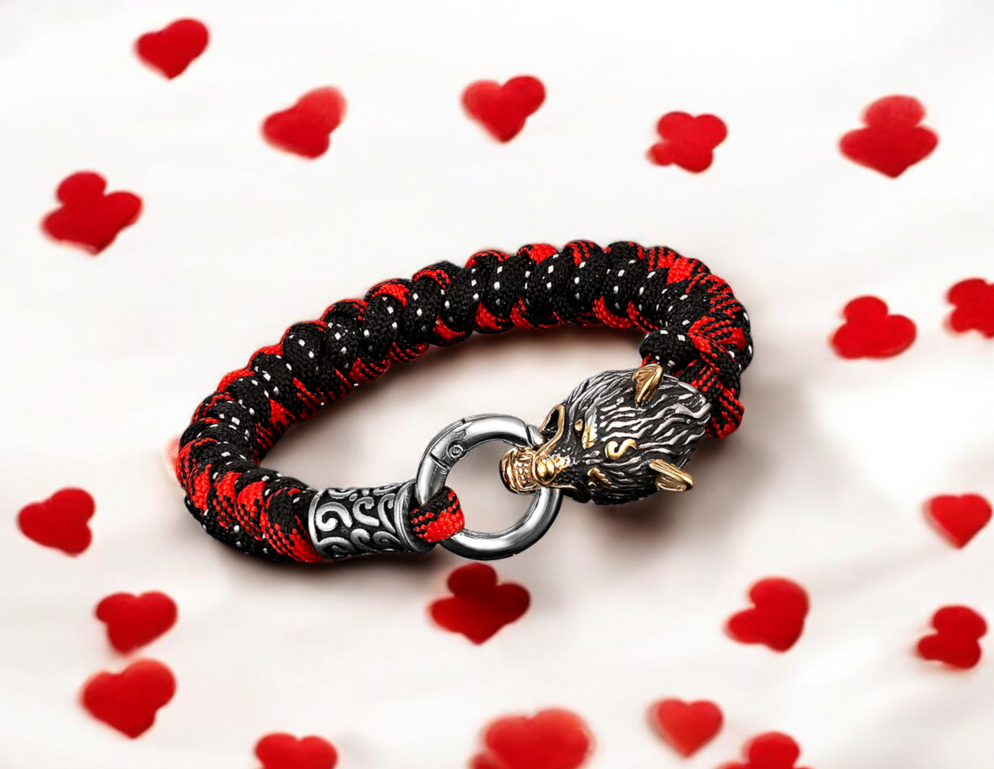 Bracelet Tête de Loup Celtique , en Paracorde Rouge et Noir, fait à la main Idéal Cadeau Original