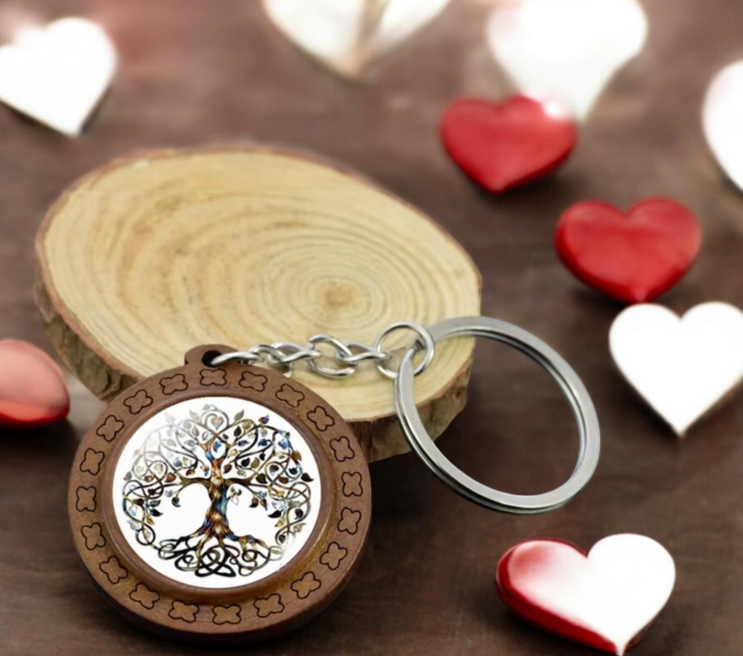 Porte-clés pendentif Arbre de Vie Tree of Life Celtique en Bois et Verre Accessoire Sac, fait à la main Idéal Cadeau original
