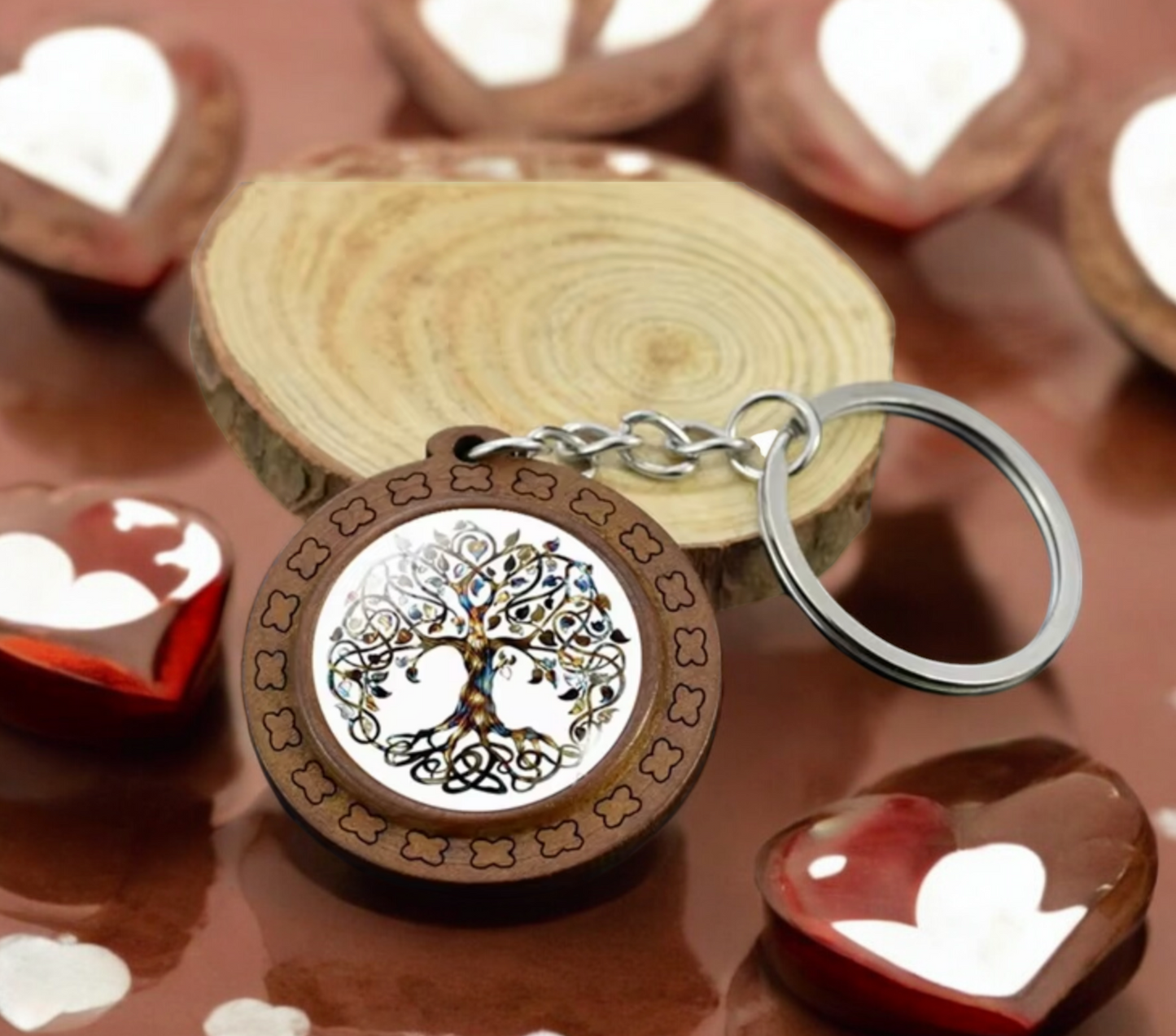 Porte-clés pendentif Arbre de Vie Tree of Life Celtique en Bois et Verre Accessoire Sac, fait à la main Idéal Cadeau original