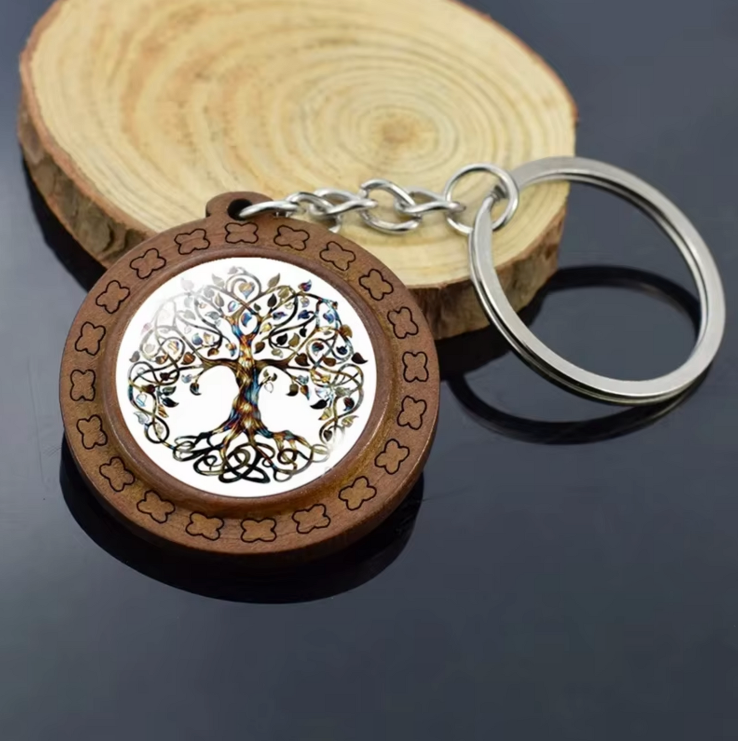 Porte-clés pendentif Arbre de Vie Tree of Life Celtique en Bois et Verre Accessoire Sac, fait à la main Idéal Cadeau original