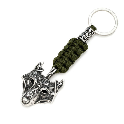 Porte-clés pendentif Viking Tête de Loup Fenrir Keychain en Paracorde Vert et Acier Inoxydable Accessoire Sac, fait à la main Idéal cadeau