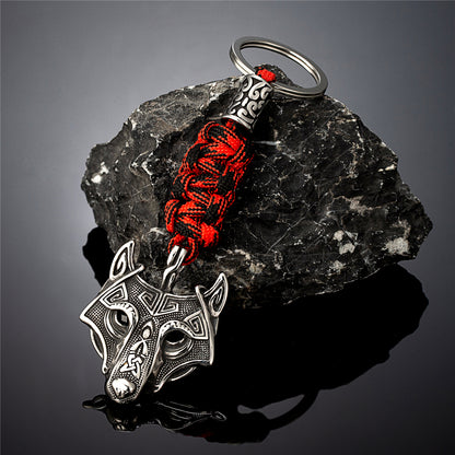Porte-clés pendentif Viking Tête de Loup Fenrir Keychain en Paracorde Noir et Rouge et Acier Inoxydable - Accessoire Sac, fait à la main