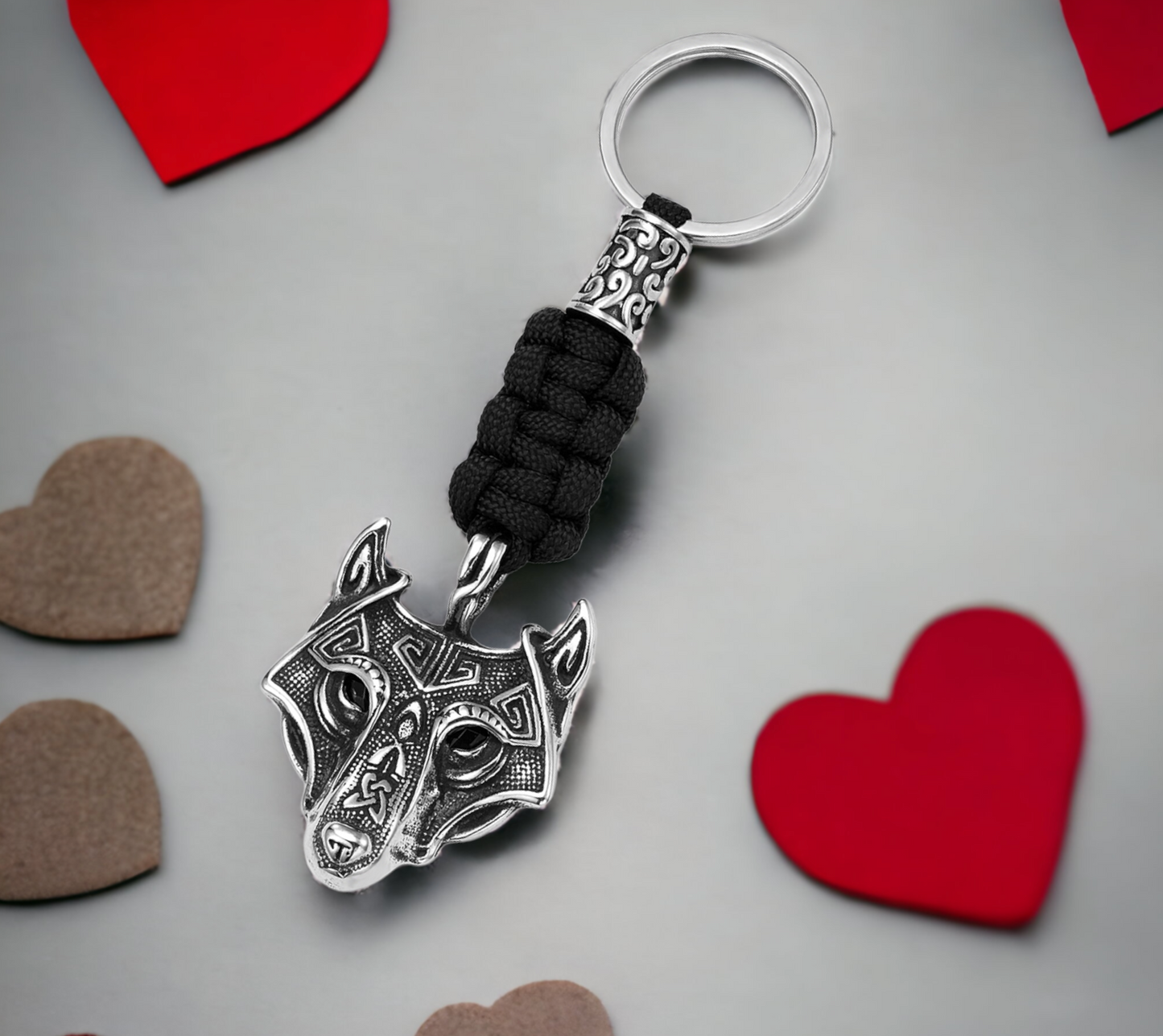 Porte-clés pendentif Viking Tête de Loup Fenrir Keychain en Paracorde Noir et Acier Inoxydable Accessoire Sac, fait à la main Idéal cadeau