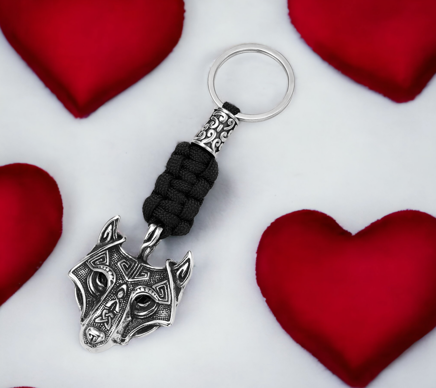 Porte-clés pendentif Viking Tête de Loup Fenrir Keychain en Paracorde Noir et Acier Inoxydable Accessoire Sac, fait à la main Idéal cadeau