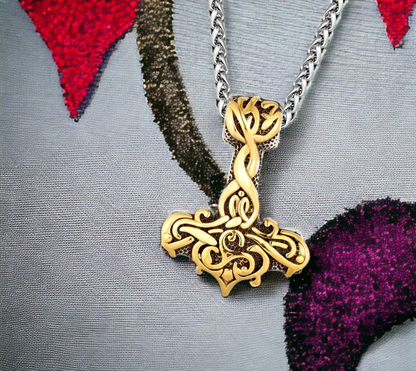 Collier Viking Mjolnir marteau de Thor Mythologie Nordique Celtique en Acier Inoxydable fait à la main Couleur Or et Argent Cadeau Original