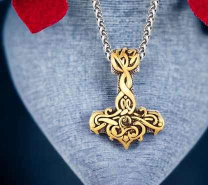Collier Viking Mjolnir marteau de Thor Mythologie Nordique Celtique en Acier Inoxydable fait à la main Couleur Or et Argent Cadeau Original